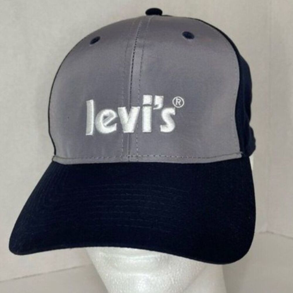 NEW Levi's Hat Wide Brim Red Logo Tab Navy Blue Grey Ball Cap Buckle Strap